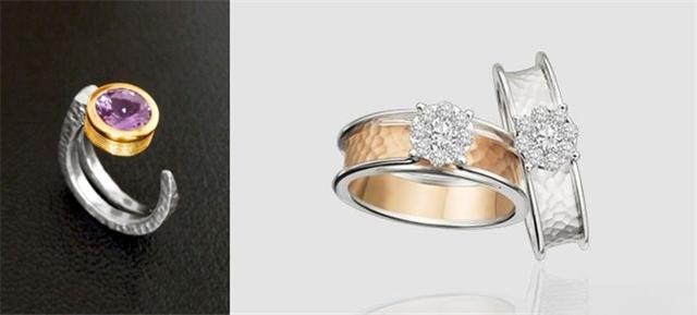 Hammered gemstone ring with unique dimples on the setting, reflecting light beautifully