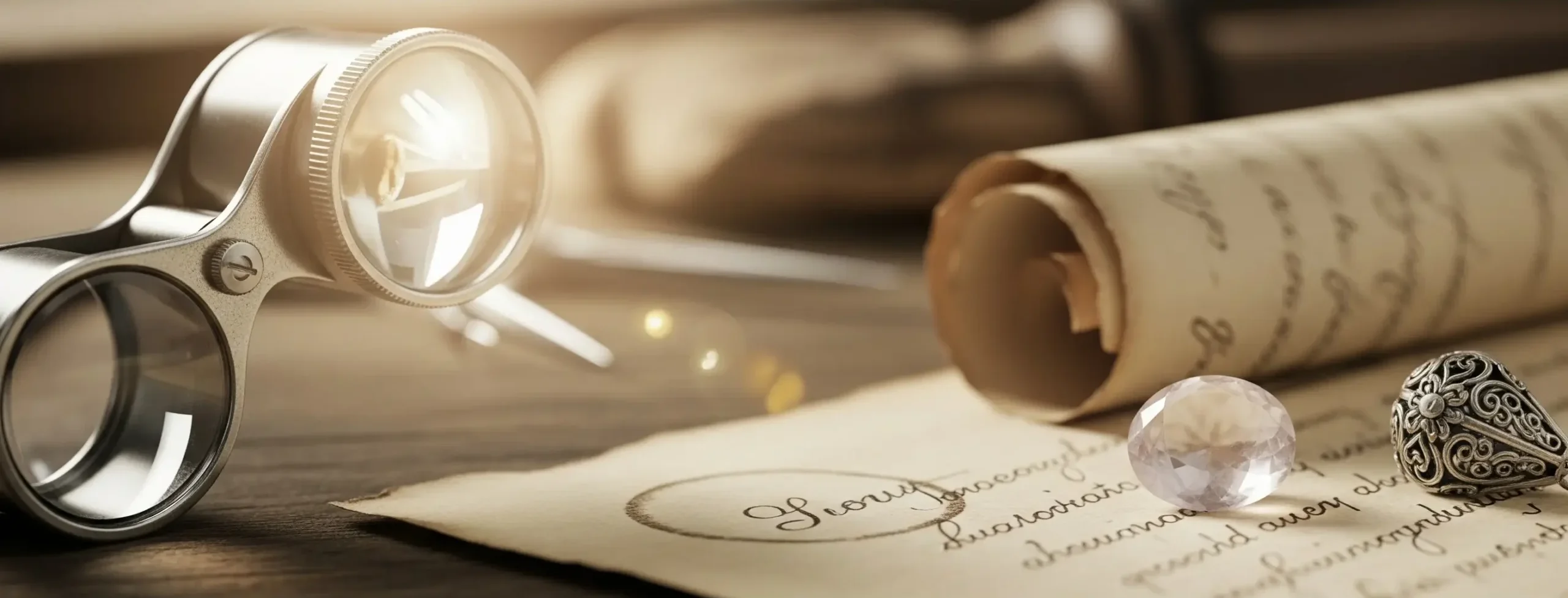 A magnifying glass, an ancient scroll, and a handcrafted silver ring on a vintage jewelry workbench, symbolizing artisanal craftsmanship and the exploration of knowledge.