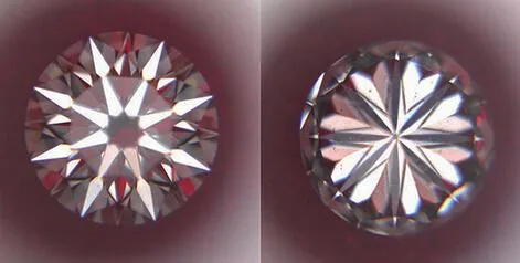 A detailed illustration of a Hearts and Arrows diamond, showcasing the unique optical symmetry of eight hearts from the bottom and eight arrows from the top, which signifies a perfect cut.