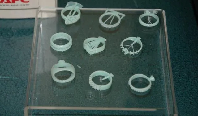 A close-up view of a high-precision wax model for a jewelry piece, created with a 3D printer, ready for casting.