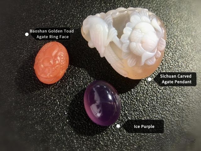 Ice Purple Baoshan Gold Toad ring and Chuan-style intricately carved pendant displaying color and craftsmanship