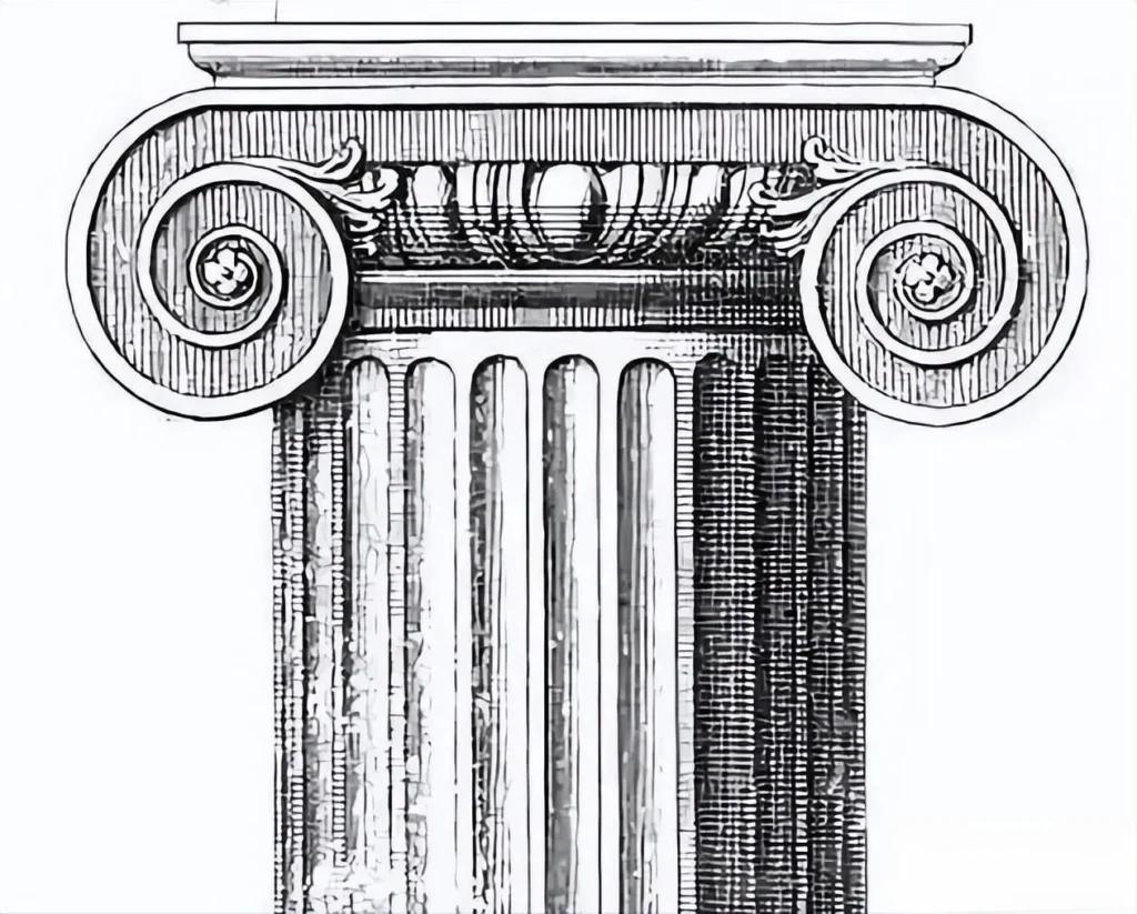An illustration of an Ionic column, one of the three classic orders of ancient Greek architecture. It is characterized by its slender, fluted shaft and a capital decorated with a pair of spiral scrolls, or volutes, below a cushion-like abacus.