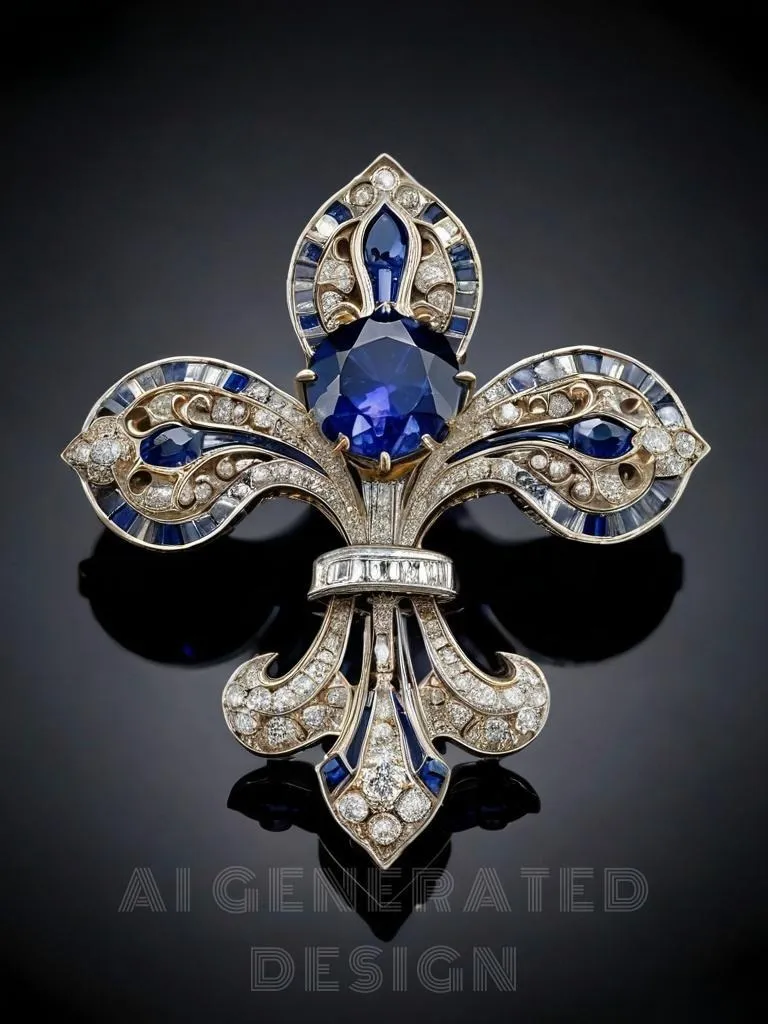 An illustration of an iris sapphire brooch. The brooch is shaped like a blooming iris flower, with several brilliant sapphires set on the petals, possibly accented with diamonds. The design is exquisite, perfectly combining the beauty of a flower with the splendor of gemstones.
