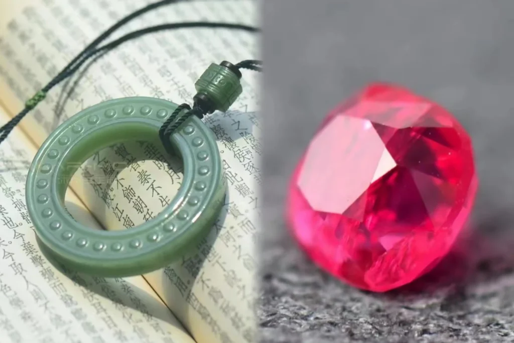 An illustration of jewelry contrasting the gentle warmth of jade with the brilliant sparkle of rubies.