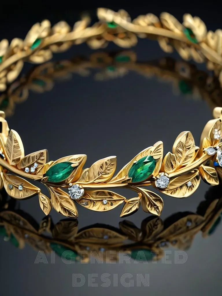 An illustration of a gold and emerald crown featuring a laurel leaf pattern. The crown's main decorations are exquisitely carved laurel leaves, accented with brilliant emeralds. The design blends a naturalistic style with a sense of classical luxury, showcasing a regal dignity and elegance.