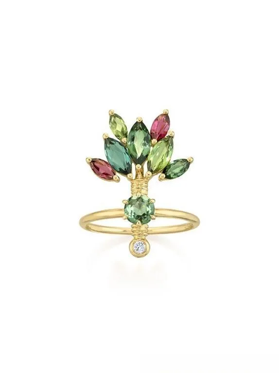 An illustration of a gold or platinum ring set with colorful gemstones such as sapphire, ruby, and emerald, creating a vibrant and elegant design.