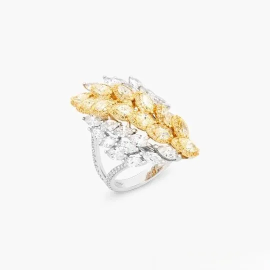 An illustration of a luxury style marquise diamond ring with both gold and platinum. The ring features a two-tone band with a large marquise-cut center diamond surrounded by multiple layers of pavé diamonds, creating a magnificent and dazzling look.