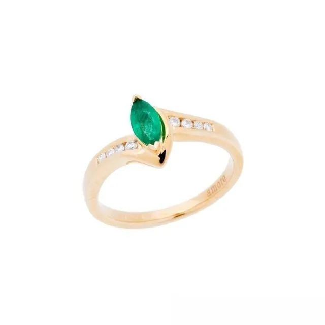 An illustration of a minimalist style emerald and gold ring. The ring has a simple design with a gold band and a small, elegant emerald gemstone, embodying a subtle and understated aesthetic.