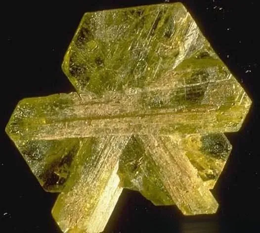 An image of an orthorhombic chrysoberyl mineral specimen. The crystals are typically plate-like or short columnar in shape, with a yellowish-green or golden-yellow color and the natural luster of a mineral crystal.