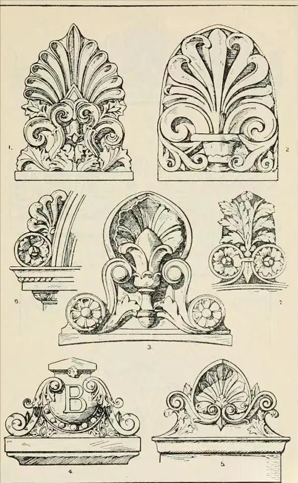 An illustration showcasing the palmette pattern in various forms. The designs range from simple, fan-like arrangements of stylized palm leaves to more complex, decorative friezes, reflecting the motif's evolution from ancient Near Eastern art to Greek and Roman architecture and decorative arts.