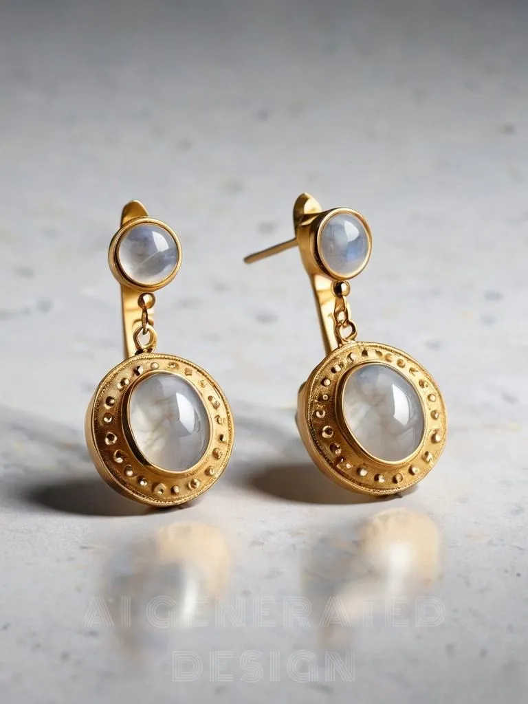 A pair of vintage handmade earrings in gold, each set with a sparkling moonstone and featuring a delicate polka dot pattern for a playful, elegant design.