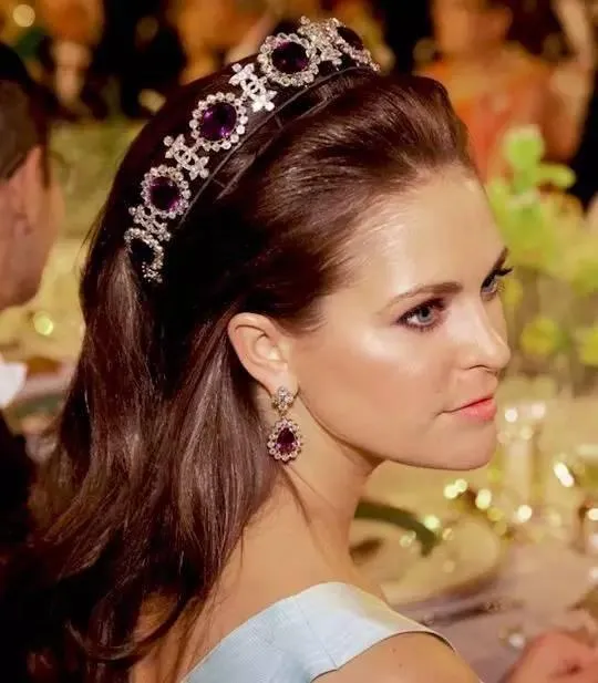 Princess Josephine of Sweden wearing Handmade Amethyst Jewelry crown and matching earrings at the 2012 Nobel Prize ceremony.