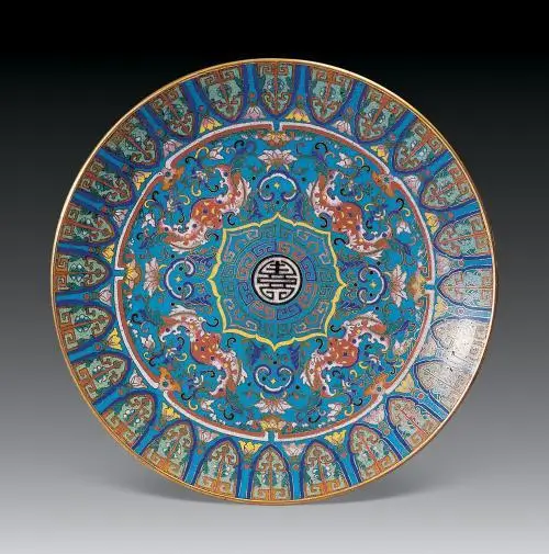 Antique Qing dynasty Qianlong cloisonné plate decorated with vibrant Five Blessings Holding Longevity design in enamel artistry