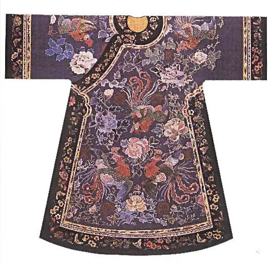 A close-up image of a swastika (Wan character) pattern on a Qing Dynasty empress's robe. The dense, repeating motif, often rendered in gold thread, symbolizes a wish for endless blessings and longevity. This pattern was a common border or background on Qing imperial court clothing.