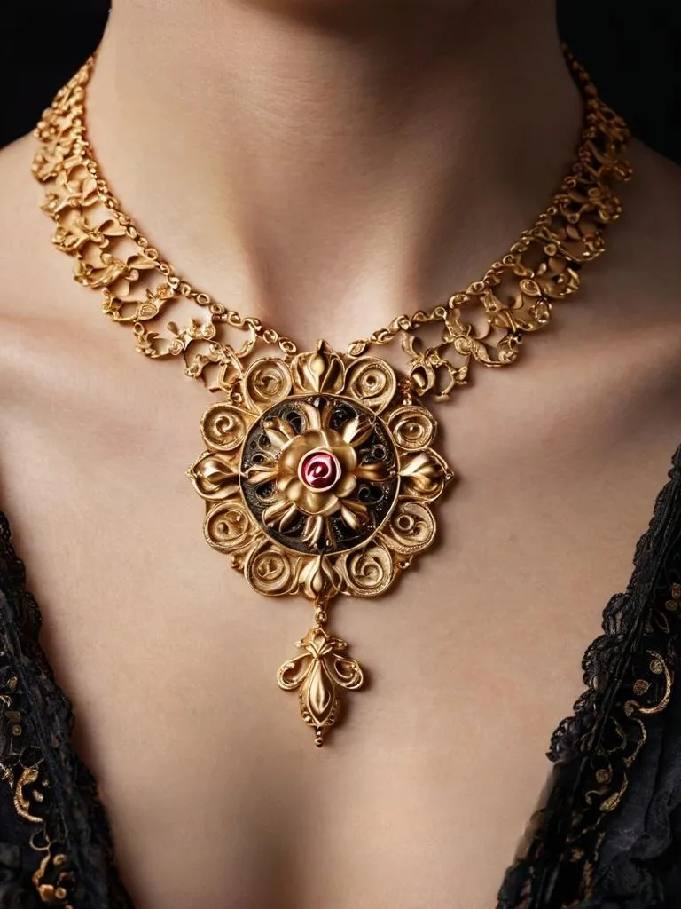 An illustration of a gold and gemstone necklace featuring rose flower motifs. The necklace is crafted from gold, with its rose petals intricately set with various sparkling gemstones such as rubies, diamonds, or sapphires. The design beautifully combines the softness of a flower with the luxury of fine jewelry.