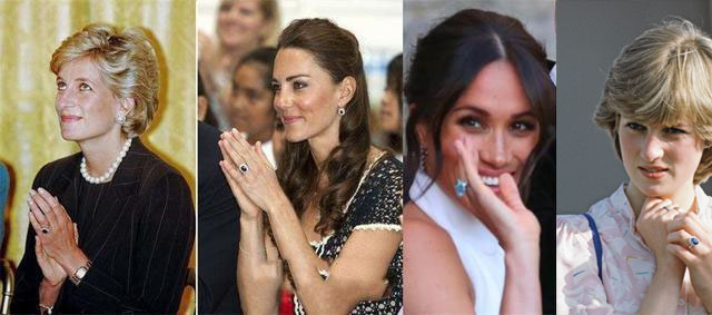 A collection image of Princess Diana, Kate Middleton, and Meghan Markle wearing their iconic sapphire rings