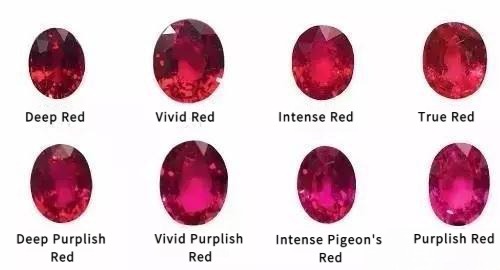 A display of rubies in different colors, ranging from pinkish-red to deep red, illustrating the spectrum of ruby hues
