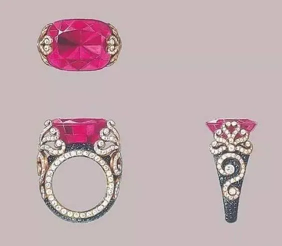 A set of three views of a ruby ring, showing the front, side, and top-down perspectives of the design.