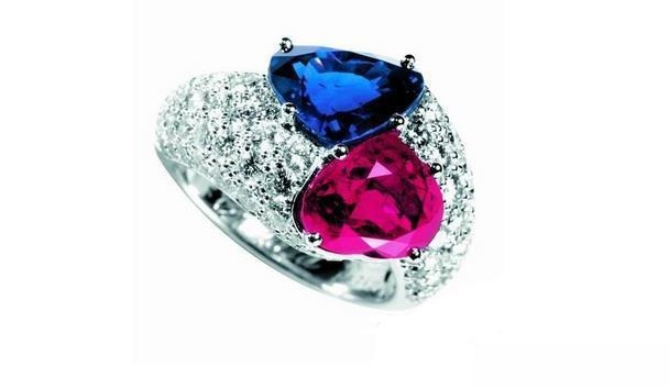 Beautiful ring featuring red ruby and blue sapphire gemstones