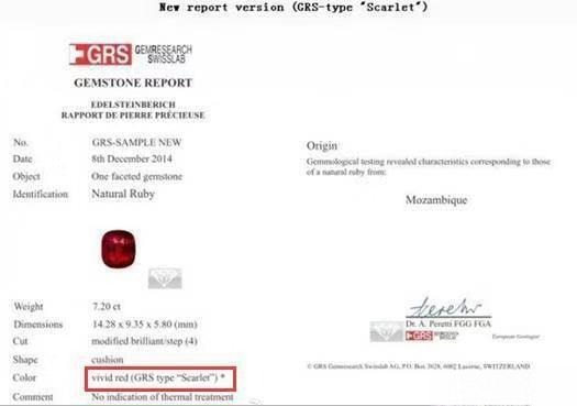 GRS certificate showing color described as “vivid red” with bracketed note “scarlet,” indicating an unheated ruby close to Pigeon’s Blood color