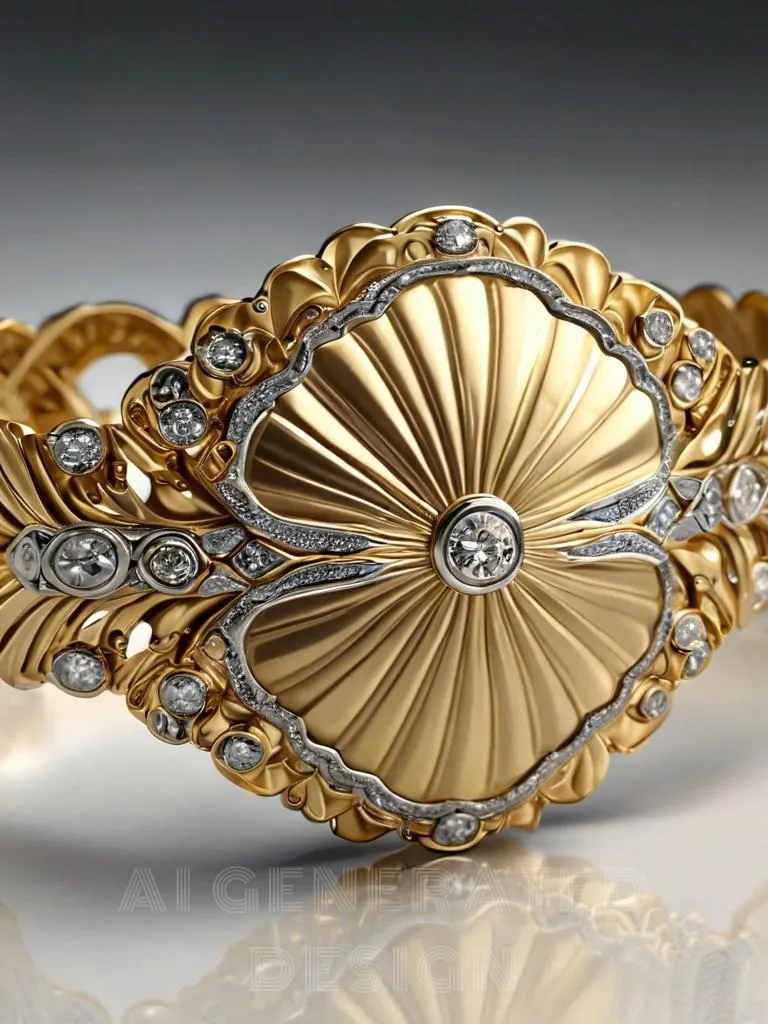  An illustration of a gold ring with a seashell pattern on its surface. The design features a continuous or repeating motif that mimics the undulating lines and spiral forms of a seashell, with sparkling diamonds set within the pattern, combining a naturalistic design with luxurious detail.