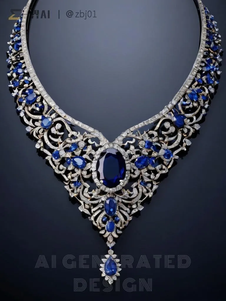 An illustration of a gold or platinum necklace featuring a delicate floral pattern. The necklace is set with numerous tiny, exquisite flower-shaped sapphires and diamonds, creating a fine and elegant design with a charming, rustic feel.