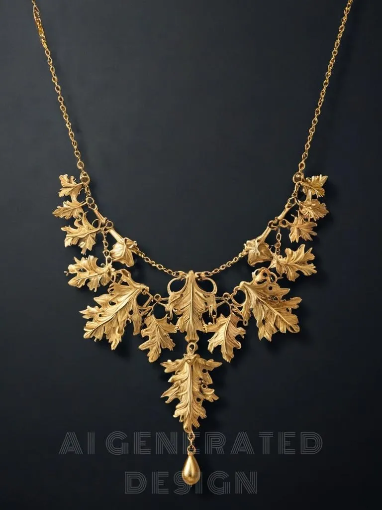 An illustration of a gold necklace with a swag pattern. The necklace is composed of a series of delicate, drooping floral and leaf motifs, inspired by classical architectural decoration, giving it a sense of Neoclassical elegance and solemnity.