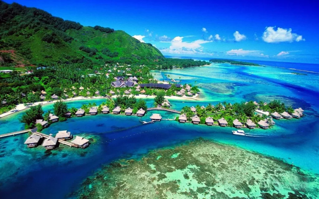 Aerial view of Tahiti pearl farms in the sea, showing extensive black-lipped oyster cultivation