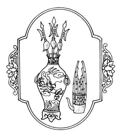 An image of a Chinese vase with a three-halberd motif. The vase is decorated with three halberds, symbolizing a wish for a rapid promotion in rank, as the pronunciation of the items is a homophone for "peacefully rising three ranks.