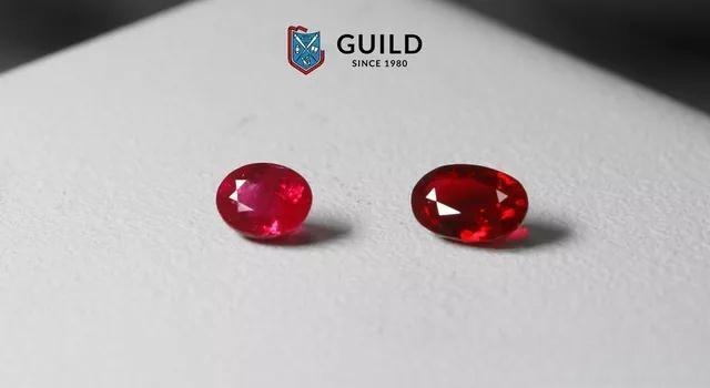 Comparison of two rubies: Vivid Red on the left and Pigeon’s Blood on the right.