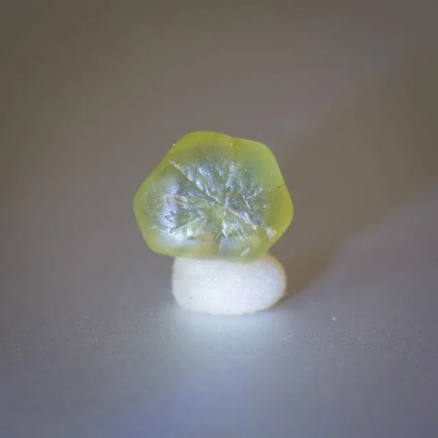 An image of a chrysoberyl wheel-type twin crystal. The crystal's twinning structure is very clean, and its appearance resembles a wheel, making it a classic twinning habit for chrysoberyl.