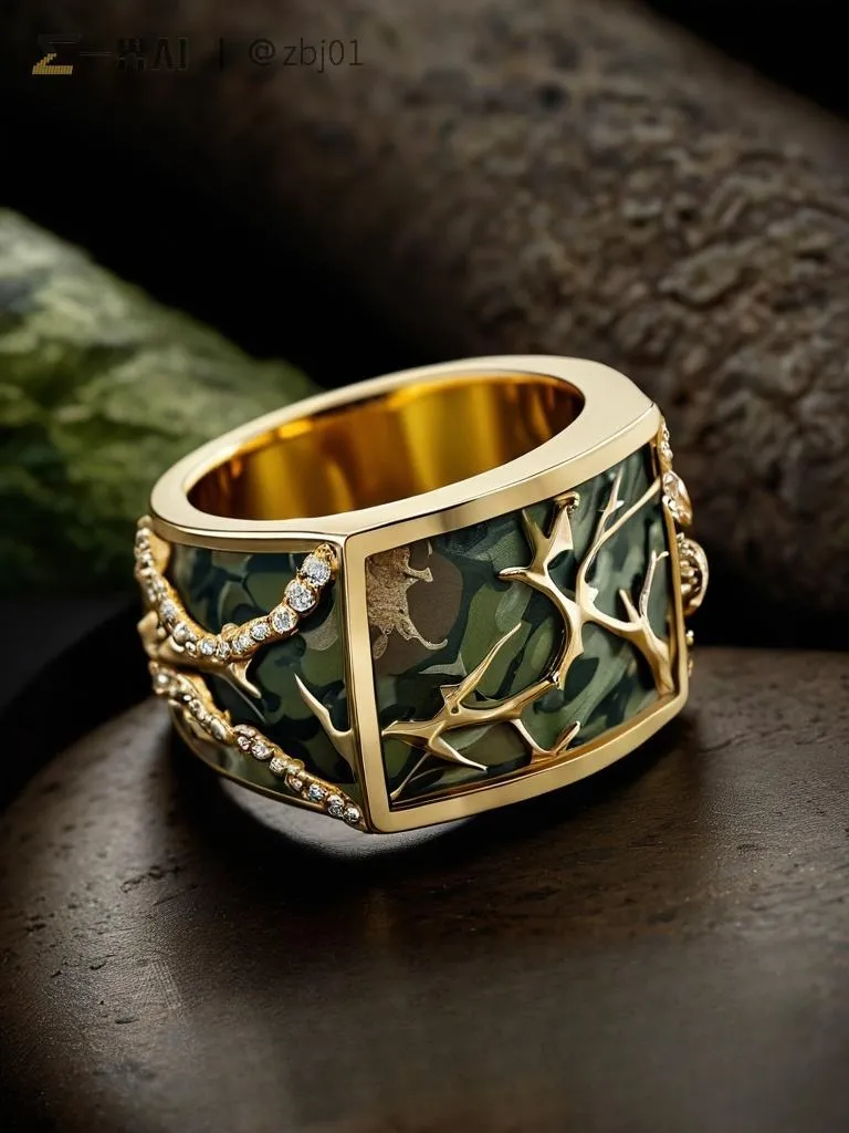A vintage handmade gold ring featuring a woodland camouflage pattern on its face, with irregular green, brown, and black shapes blending rugged style with luxurious design.