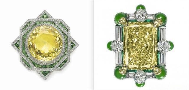 Yellow diamond ring paired with green or white accent diamonds, demonstrating a creative color combination that enhances the overall design and visual appeal.
