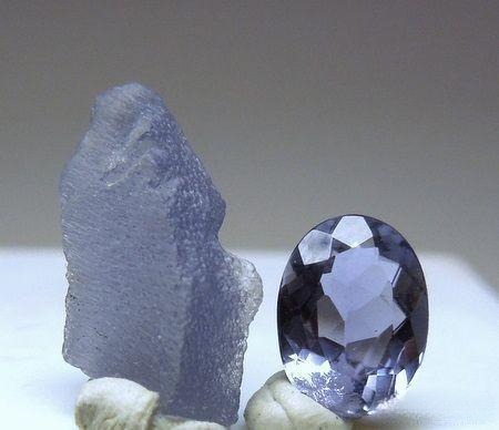 Faceted Iolite gemstone displaying pleochroism with yellow, violet, and blue hues from different angles