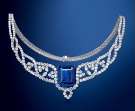 91.95ct octagon-cut Burmese royal blue sapphire necklace by Boucheron, set with approximately 48ct ribbon-style diamonds in platinum, unheated, 45cm length
