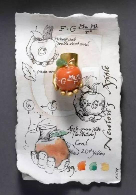 Jewelry artwork and design sketch featuring a hand holding an apple, illustrating how mathematical symbols are integrated into artistic jewelry design