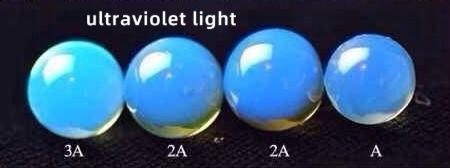 Blue amber on a black background under UV light, with most visible light absorbed to reveal its blue fluorescence.