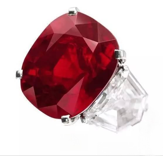 Cartier Sunrise Ruby Ring, 25.59-carat unheated Mogok ruby, cushion-cut, sold for $30.518 million, one of the highest auction prices ever for a colored gemstone.