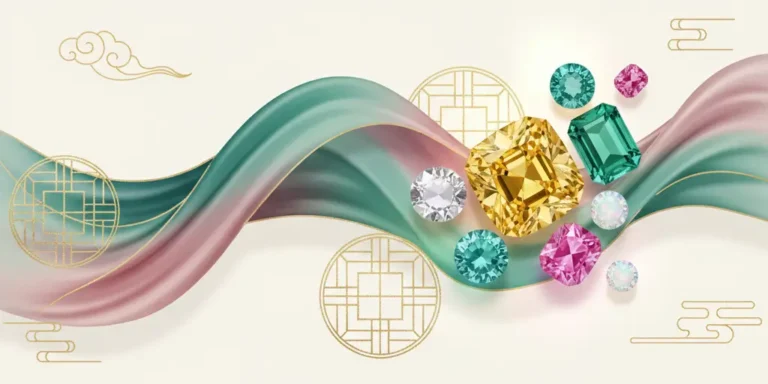 Abstract banner combining flowing silk in traditional Chinese colors (jade, deep blue, rose) with scattered, modern-cut gemstones (ruby, emerald, yellow sapphire), framed by stylized gold patterns, symbolizing the harmony of ancient color proverbs and modern jewelry design.