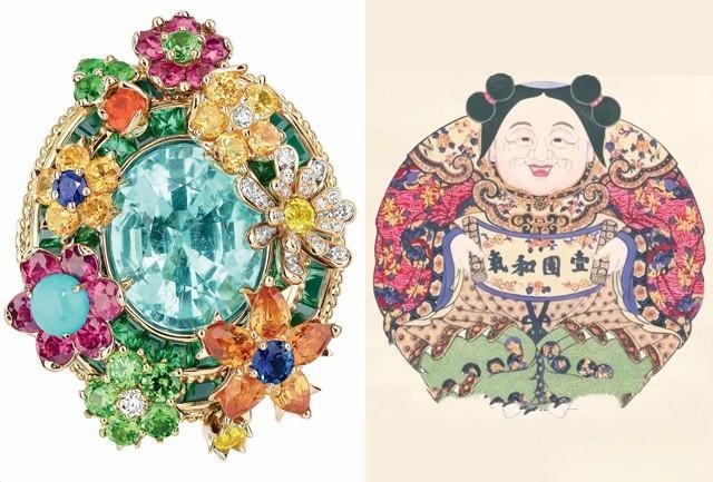 Comparison of a Dior Paraiba gold ring and a traditional Chinese folk painting, illustrating the harmony of rich yet balanced colors — “many hues without chaos.”