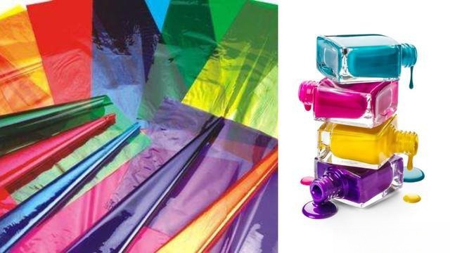 Colored foil on the left and nail polish on the right, showing how these materials affect light through gemstones, enhancing color under certain lighting – Gemstone Jewelry Buying Tips.