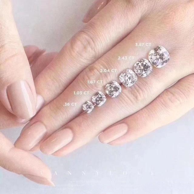 Visual guide showing how different sizes of cushion cut diamonds look when worn on the finger.