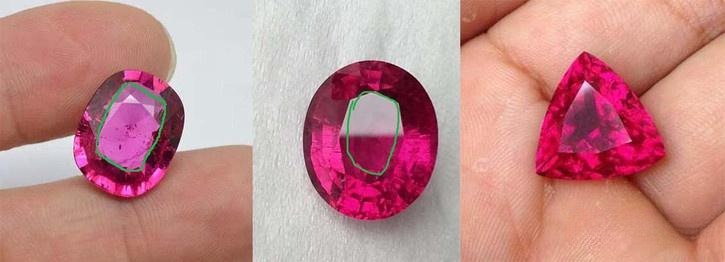 Three rubies of different shapes showing gemstone windowing, where transparent areas appear less saturated than the body color due to cutting angles and pavilion depth.