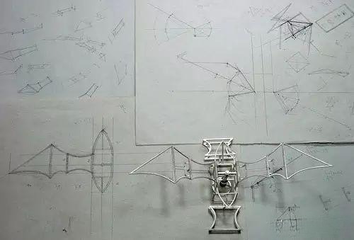 Hand-drawn design sketch of Dukno Yoon's kinetic jumping ring, illustrating mechanical structure and wing-like movement