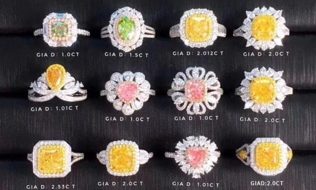 Finished ring featuring set colored diamonds, showcasing yellow, pink, and blue gemstones in elegant jewelry design.