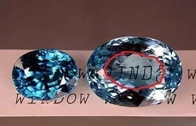 Comparison of two gemstones, one highlighted with a red circle showing windowing due to poor cut quality.