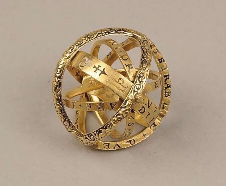 17th-century German armillary sphere ring from the British Museum, showcasing early mechanical jewelry craftsmanship.