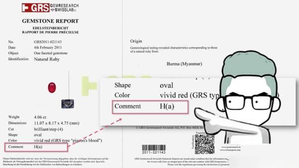 GRS ruby certificate with annotation "H" indicating the ruby has undergone heat treatment.