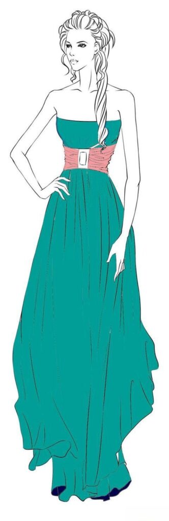 Hand-painted illustration of a woman in a green dress with a pink belt, showing how the combination makes figures look elegant and refined.