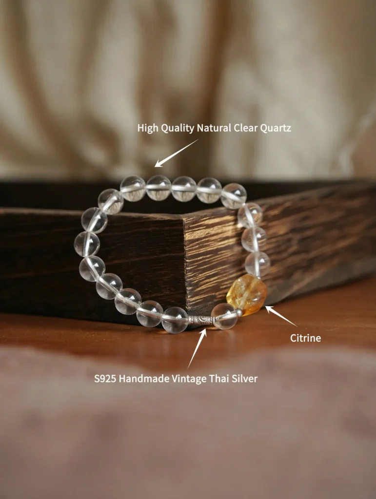 Handmade white quartz and citrine bracelet with a clean, minimalist design.
